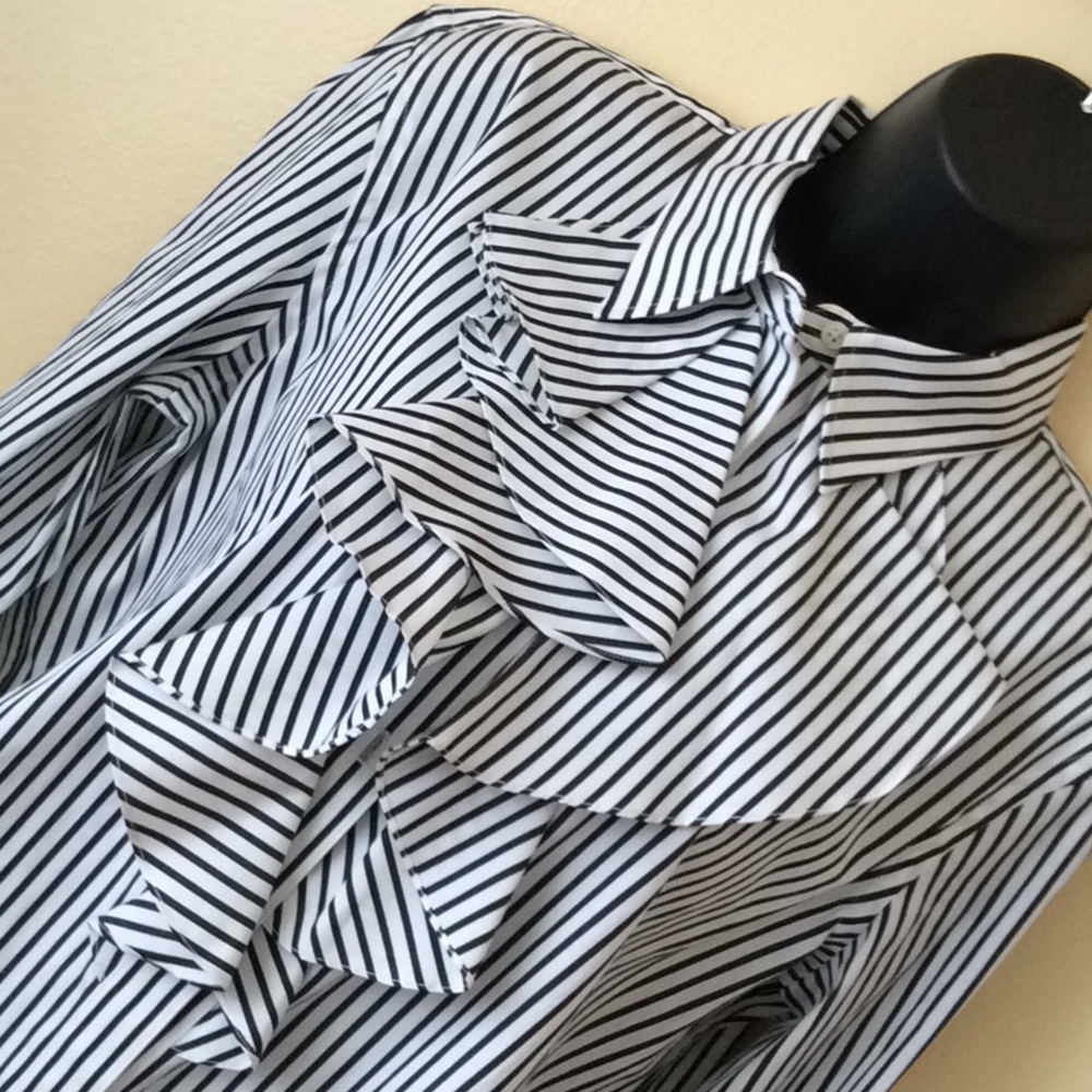Lauren Ralph Lauren Black and White Striped Ruffle Button-Down Shirt